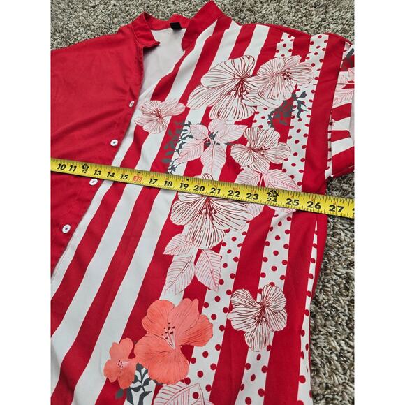 Bold Red Floral Stripe Button Blouse Size 3XL Short Sleeve Retro Hibiscus Top - Picture 6 of 7